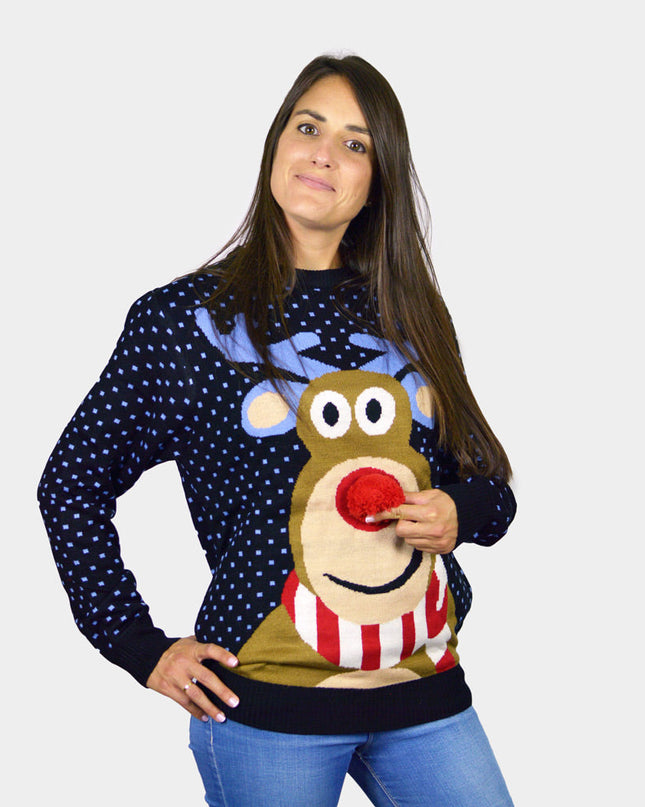 Family Christmas Sweater Blue with 3D Red-Nosed Reindeer