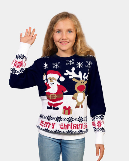 Blue Family Christmas Sweater with Santa and Rudolph