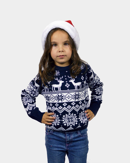 Blue Christmas Sweater for Family with Reindeer and Nordic Stars