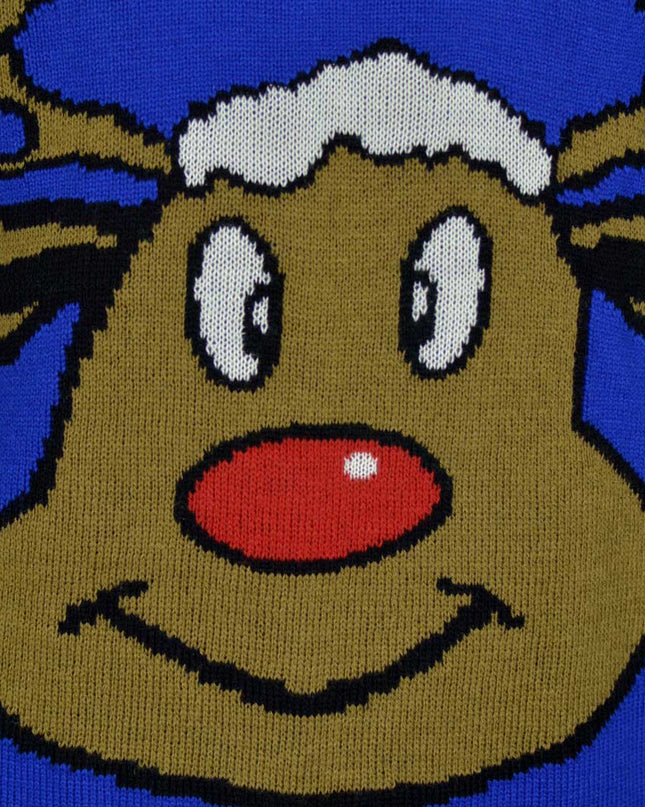 Blue Christmas Sweater with Smiling Reindeer | Outlet Sale