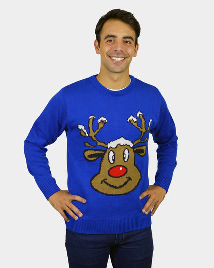 Blue Christmas Sweater with Smiling Reindeer | Outlet Sale