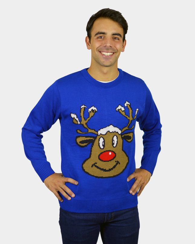 Blue Christmas Sweater with Smiling Reindeer | Outlet Sale
