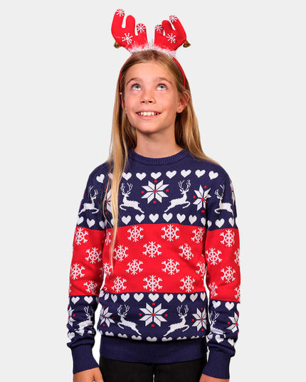 Blue and Red Hearts Reindeer Family Christmas Sweater