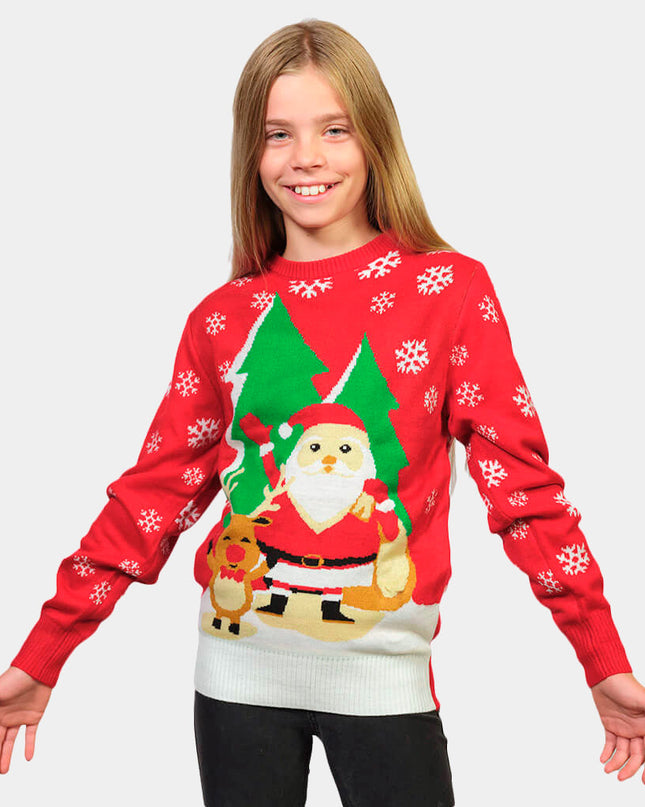 Red Christmas Sweater for Family with Santa and Saluting Reindeer