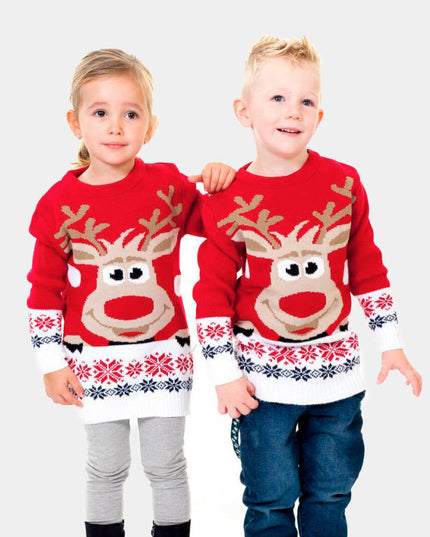 Christmas Sweater for Family with Red Reindeer and Snow