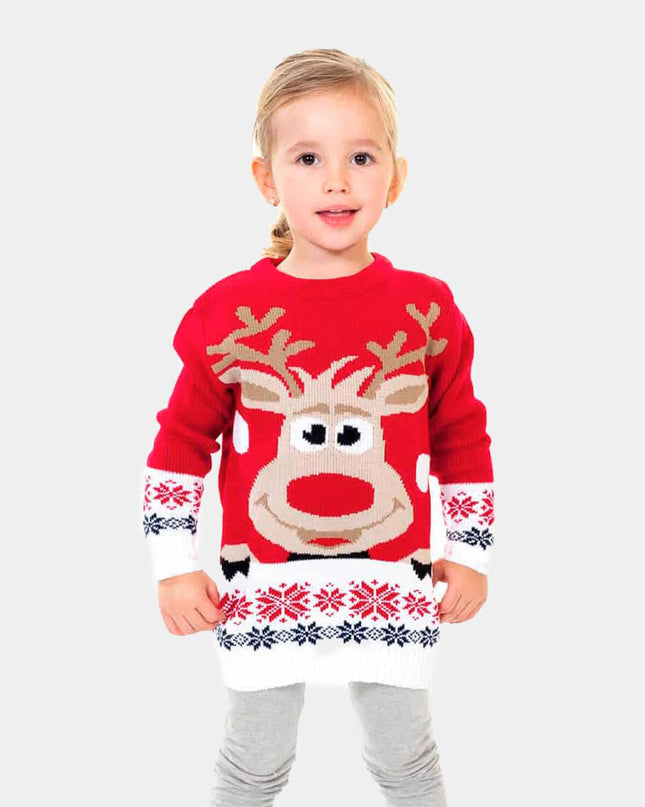Red Christmas Sweater for Family with Reindeer and Snow Theme