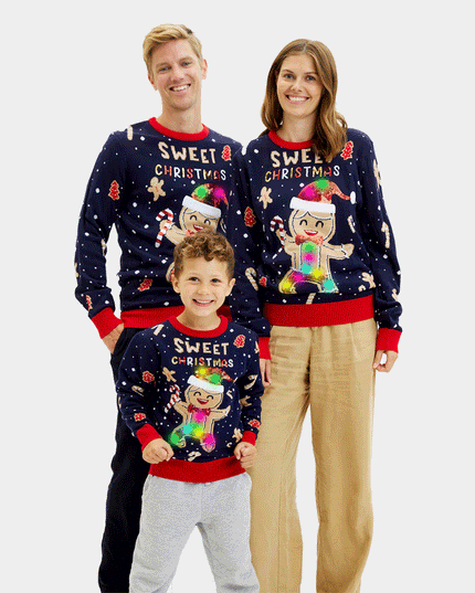 LED Christmas Sweater for Family with Blue Ginger Cookie Theme