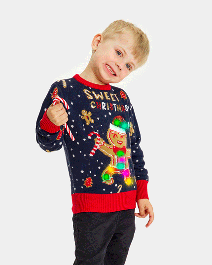 LED Christmas Sweater for Family with Blue Ginger Cookie Theme