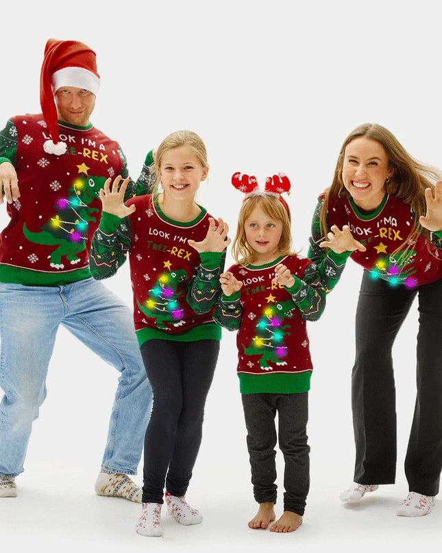 Light-Up LED Christmas Sweater for Family Tree-Rex