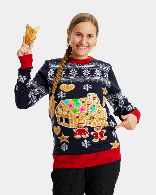 LED Christmas Sweater for Family with Gingerbread House