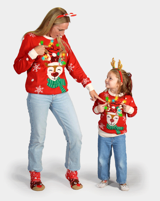 LED Christmas Sweater for Family with Sparkling Reindeer Design