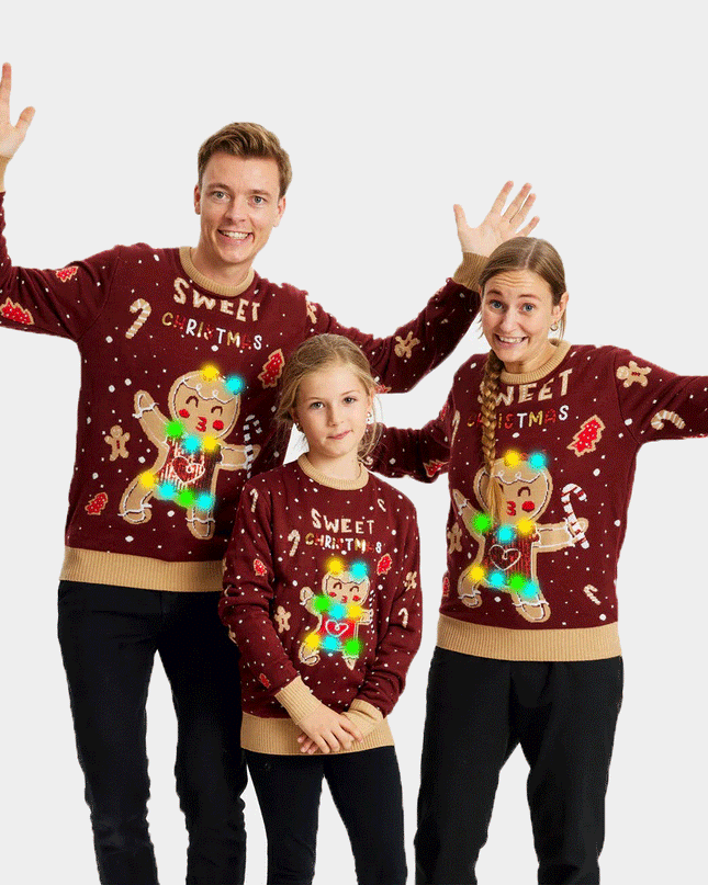 LED Christmas Sweater for Family with Red Ginger Cookie Design