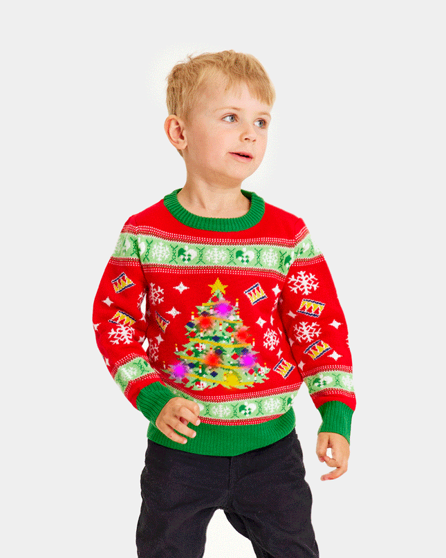 LED Christmas Sweater for Family with Red Christmas Tree