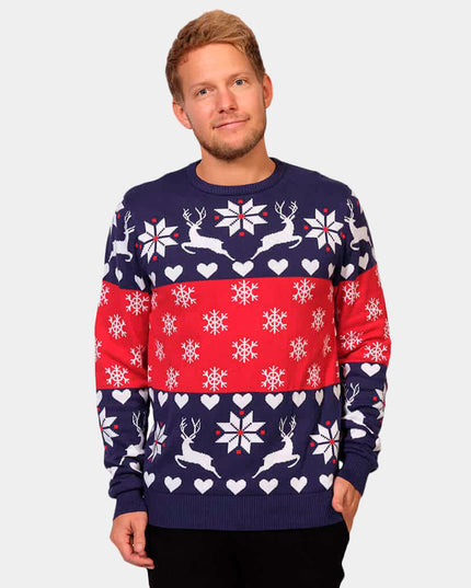 Blue and Red Hearts Reindeer Family Christmas Sweater