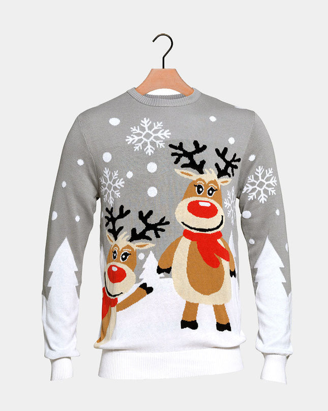 Gray Family Christmas Sweater with Cute Reindeer
