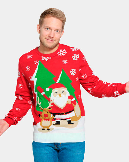 Women's Red Christmas Sweater with Santa and Reindeer