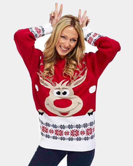 Red Christmas Sweater for Family with Reindeer and Snow