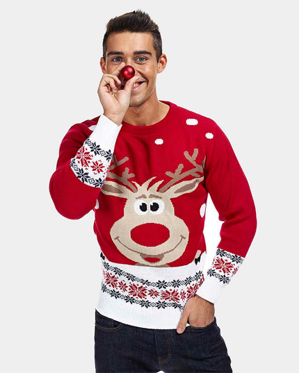 Women's Red Christmas Sweater with Reindeer and Snow