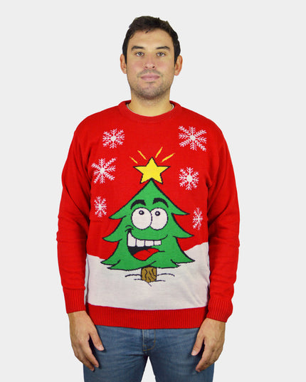 Red Christmas Sweater for Men with Smiling Tree