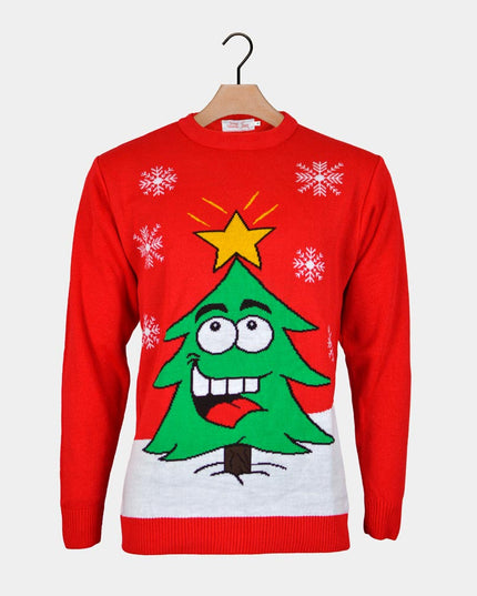 Red Christmas Sweater for Men with Smiling Tree