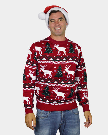 Red Family Christmas Sweater with Christmas Trees and Reindeer