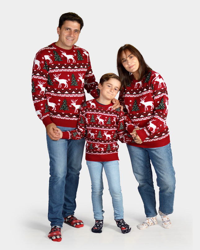 Red Family Christmas Sweater with Christmas Trees and Reindeer