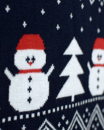 Family Christmas Sweater Blue with Trees, Snowmen, and Santa in Organic Cotton
