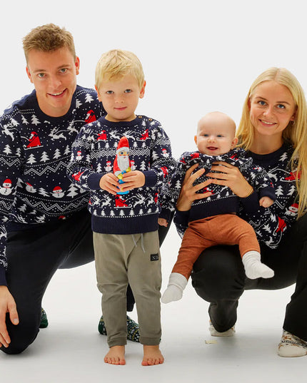 Family Christmas Sweater Blue with Trees, Snowmen, and Santa in Organic Cotton