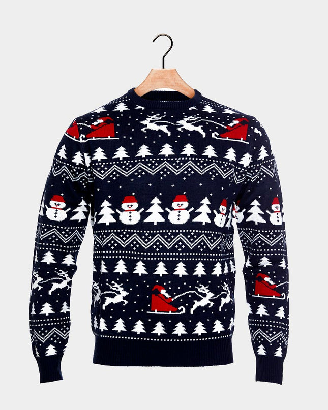 Family Christmas Sweater Blue with Trees, Snowmen, and Santa