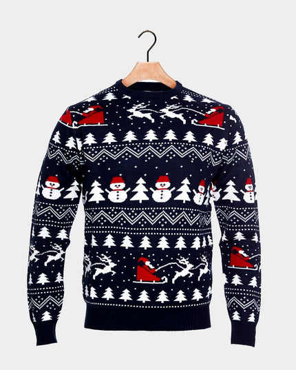 Blue Christmas Sweater for Family with Trees and Snowmen