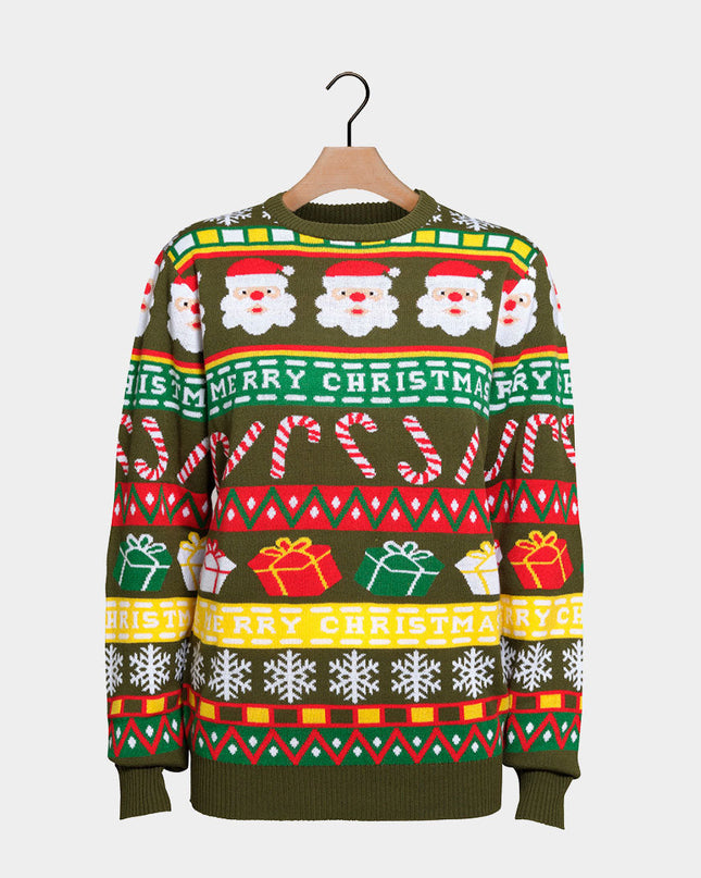 Green Christmas Sweater with Santa and Gifts