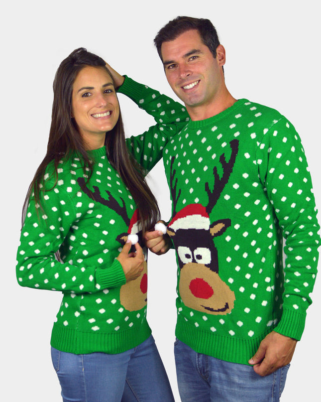 Family Christmas Sweater Green with 3D Reindeer Hat