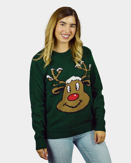Christmas Sweater for Family Green with Smiling Reindeer