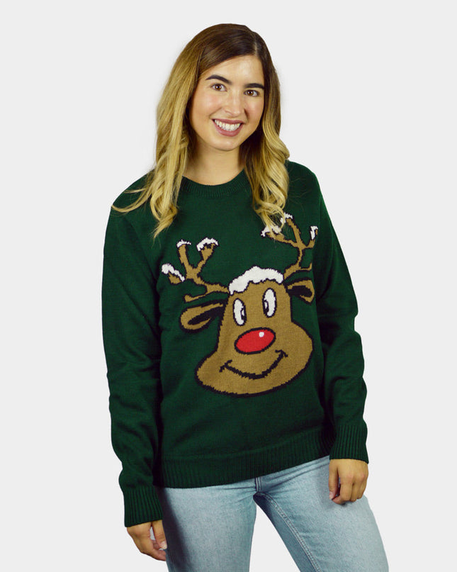 Christmas Sweater for Family Green with Smiling Reindeer