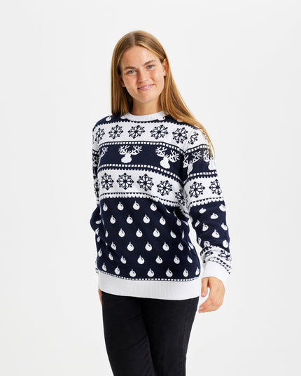 Women's Blue Christmas Sweater with Reindeer and Snow