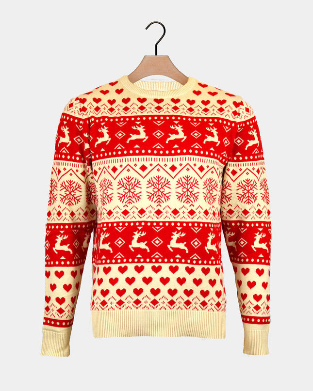 Women's Christmas Sweater with Red Hearts and Beige Cotton