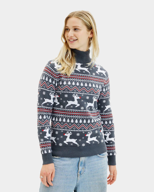 Women's Gray Turtleneck Christmas Sweater with Reindeer