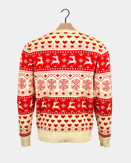 Women's Organic Cotton Christmas Sweater with Red Hearts and Beige