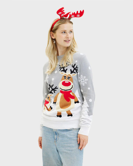 Women's Gray Christmas Sweater with Cute Reindeer