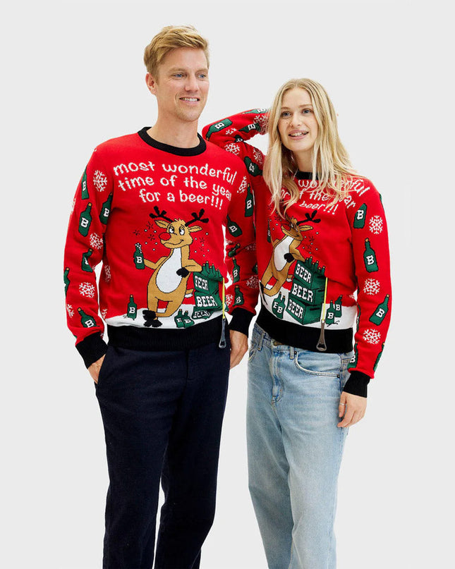 Women's Christmas Sweater with Reindeer and Beer Opener