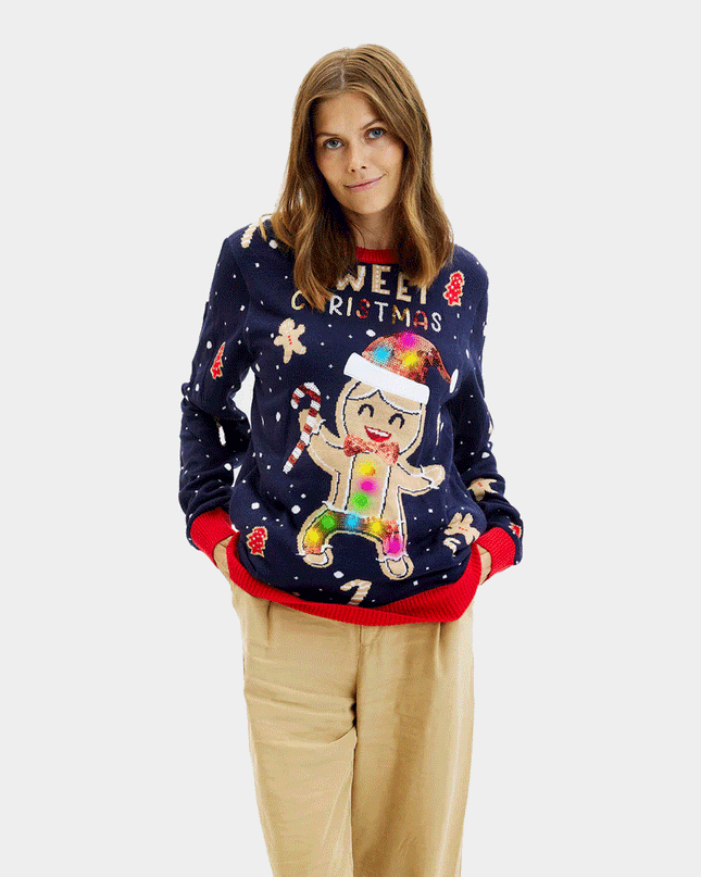 LED Blue Ginger Cookie Christmas Sweater for Women