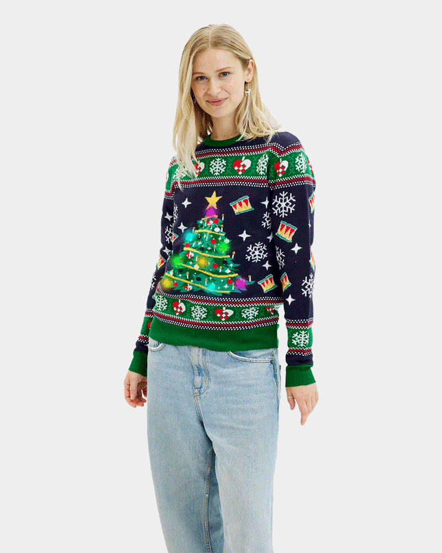 Light-Up LED Blue Christmas Tree Sweater for Women