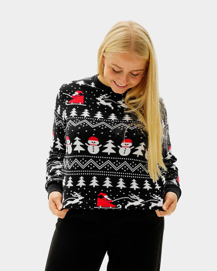 Women's Black Christmas Sweater with Trees and Snowmen