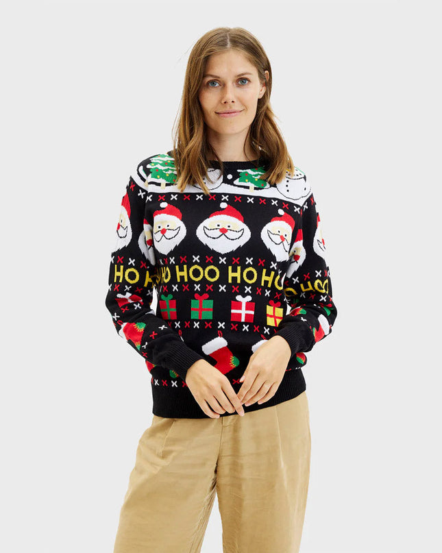 Women's Christmas Sweater with Santa, Gifts, and Snowmen