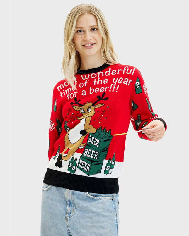 Women's Christmas Sweater with Reindeer and Beer Opener