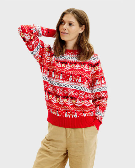 Women's Organic Cotton Red Christmas Sweater with Snowmen and Trees