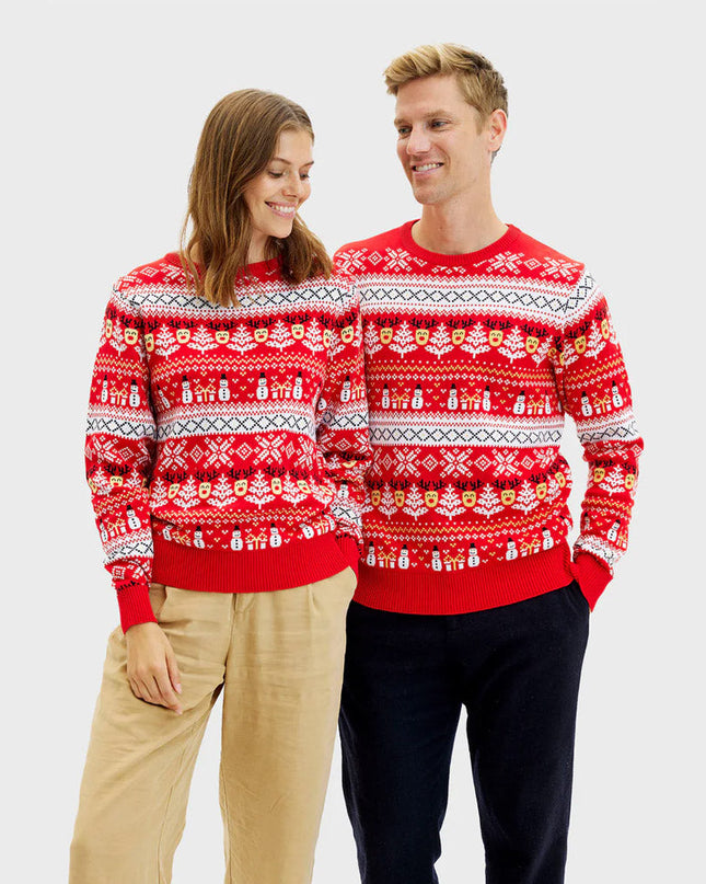 Women's Red Christmas Sweater with Snowmen and Christmas Trees