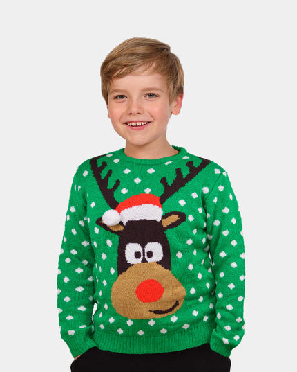 Women's Green 3D Reindeer with Christmas Hat Sweater