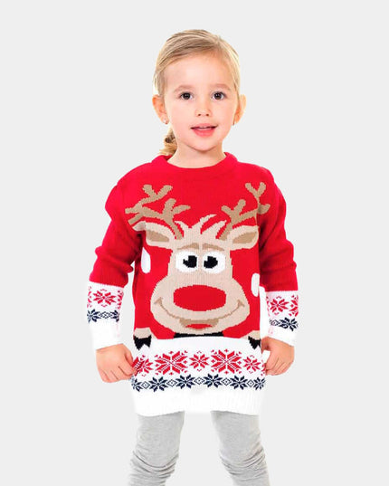 Kids Christmas Sweater Red with Reindeer and Snow