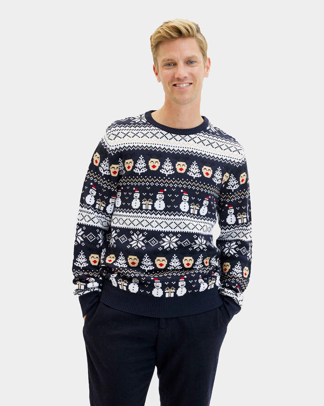 Blue Christmas Sweater for Men with Snowmen and Trees
